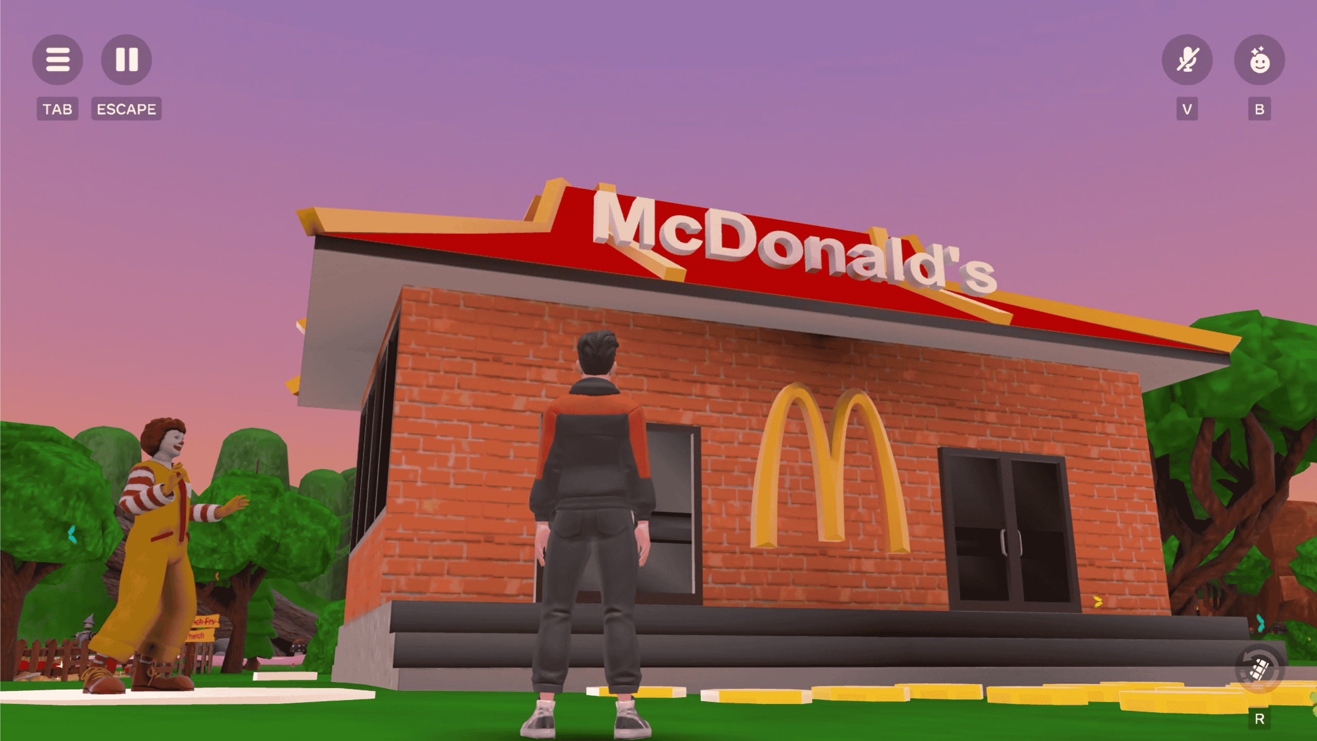 Ronald McDonald welcoming a player to the McDonaldland restaurant